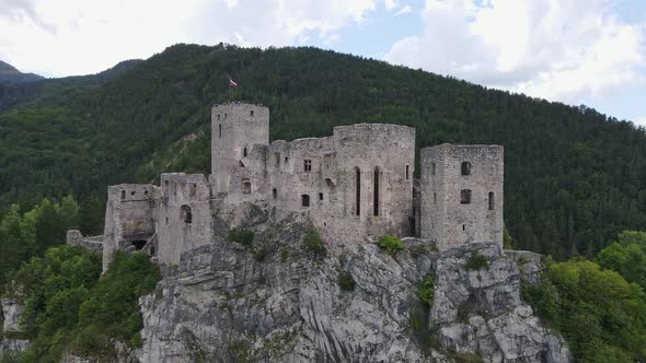 Aerial view of the castle in the village of Strecno in Slovakia