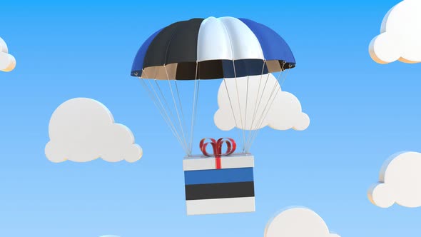 Box with National Flag of Estonia Falls with a Parachute