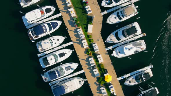 Aerial Top View of Yacht Club and Expensive Yachts Parked