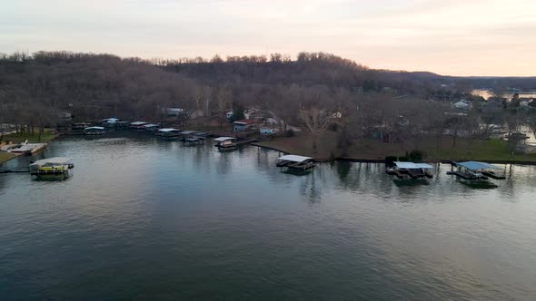 Lakeside Boat Marinas in Missouri Mountains by Ozark Reservoir Lake, Aerial