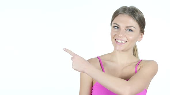 Woman Pointing Showing Aside, White Background