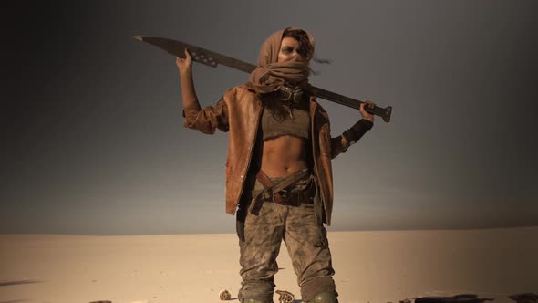 Postapocalyptic Woman Outdoors in a Wasteland