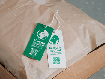 h label Climate neutral. Carbon neutral label concept in apparel, fashion, logistics indusrty and ethical consumption. Increasing awareness for customers about carbon footpint