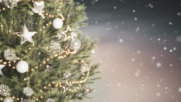  Christmas Tree With Decorations And Falling Snowflakes