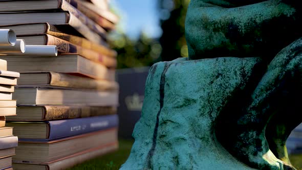 Thinker sculpture and books