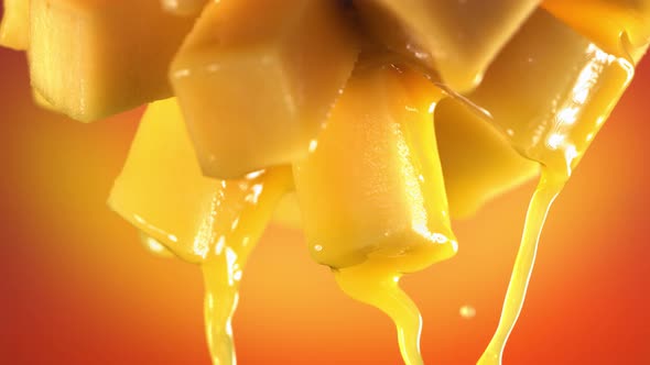 Flowing Mango Juice From Half Slide Mango  Macro Shot in Slow Motion