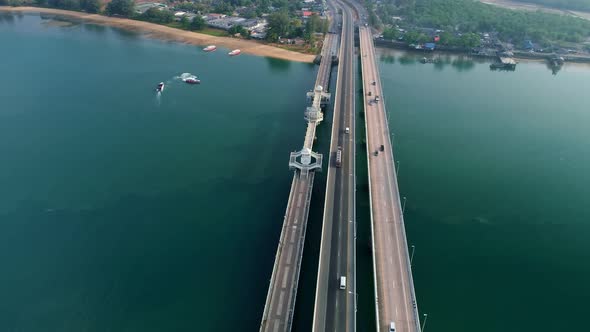 Aerial View Drone shot of sarasin bridge Phuket thailand