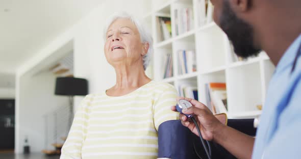 Video of african american male doctor checking pressure to caucasian senior woman