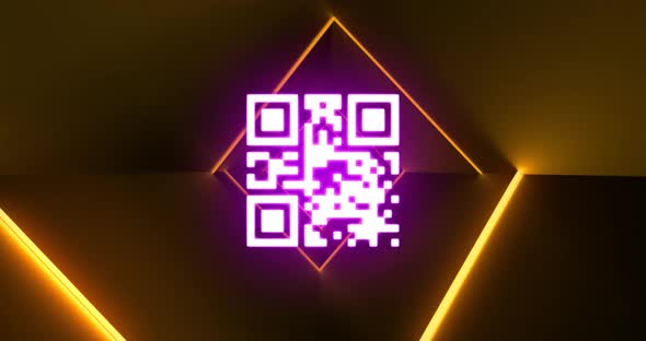 Flickering pink QR code with yellow neon lines. alt