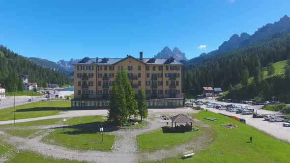 Aerial View of Misurina Lake on a Clear Summer Day Italian Dolomites