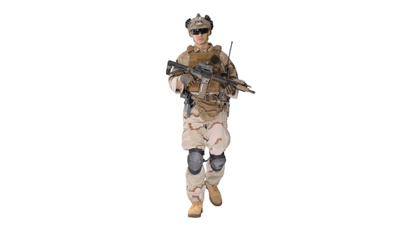 US Army Soldier in Combat Uniform Walking on White Background