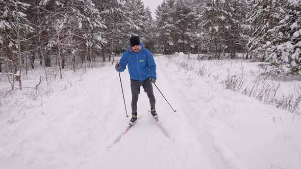 A Young Man Is Engaged in Crosscountry Skiing in the Winter Forest