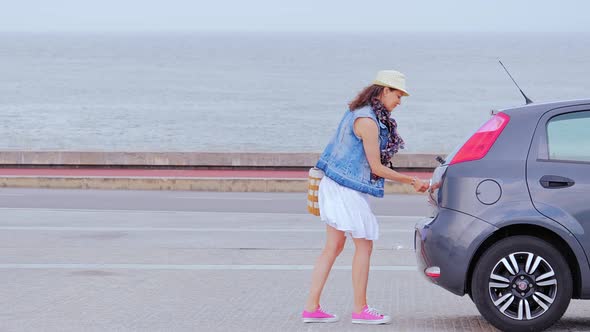 Woman Travels By Car, Relaxing at Seaside, Summer Travel.