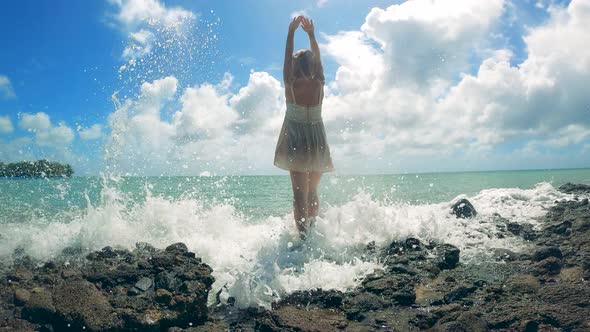 One Girl Enjouys Her Vacation, Standing Near Sea.