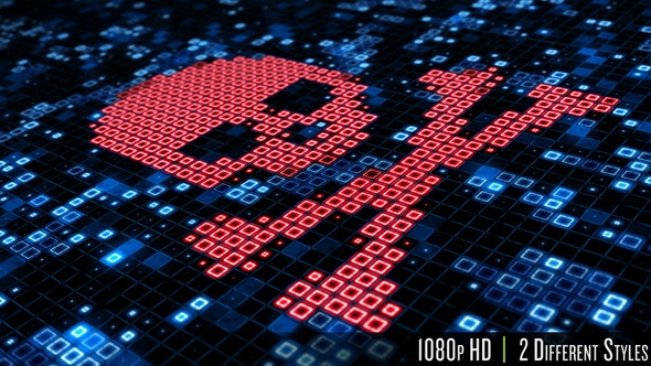 Futuristic Digital Data Nodes Being Hacked Showing Skull and Crossbones with Computer Virus