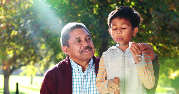 Grandfather and grandson blowing bubbles