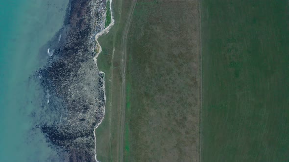 Top down aerial shot of the white cliffs of dover UK