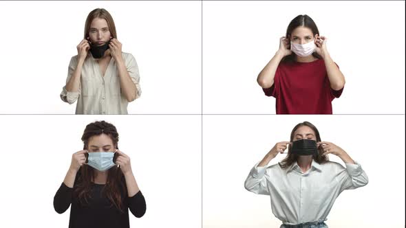 Collage of Diverse Women Put on Medical and Face Masks From Covid19 Social Distancing During Second