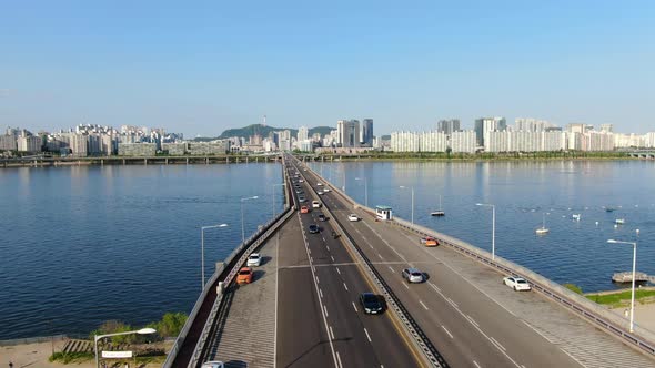 Korea Seoul Yeongdeungpo Gu Yeouido Financial Building Han River Park Bridge Traffic