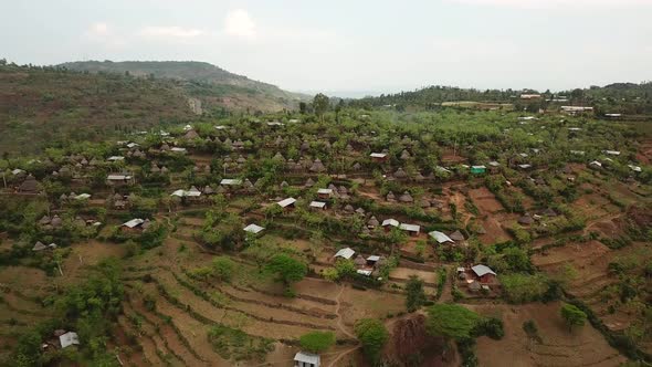 Spectacular aerial of traditional african Konso village (cultural landscape) on mountain, Omo Valley