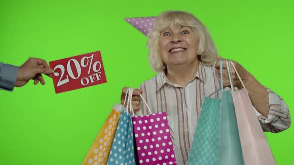 Inscription 20 Percent Off Sale Appears Next To Grandmother, Woman Celebrating with Shopping Bags