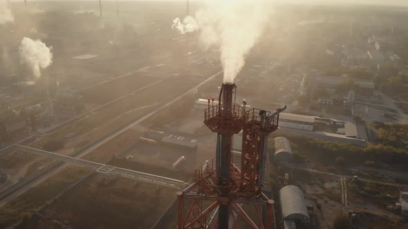 Aerial View. In the Frame Is a Chemical Industrial Complex. Poisonous Smoke Comes Out of the Chimney