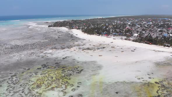 Long Ocean Low Tide with Bared Bottom in Shallow Water Zanzibar Aerial View