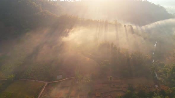 Aerial view from a drone over misty landscape on farmland. 4K