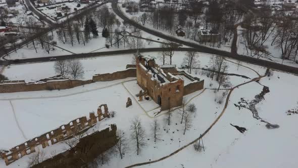 Ruins of Ancient Livonian Order's Stone Medieval Castle Latvia Aerial Drone Top Shot 