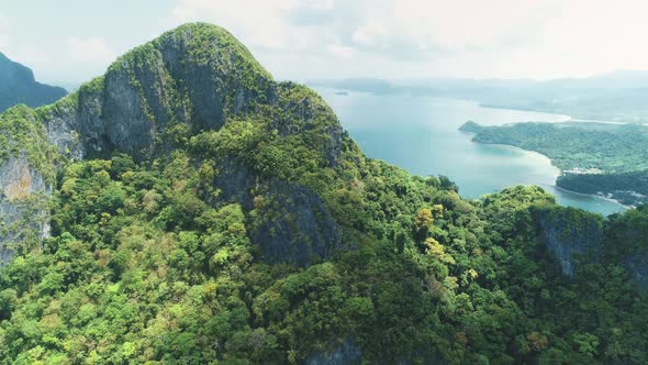 Green Forested Mountain Ranges at Ocean Bay Aerial View