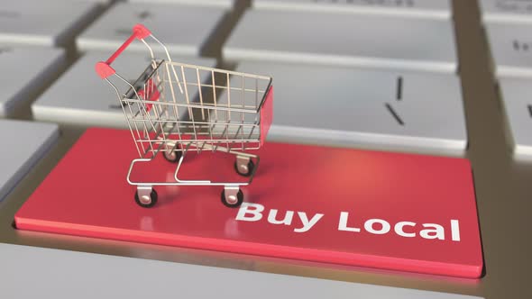 Buy Local Text on Key and Boxes in Small Shopping Cart