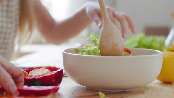 Closeup Female Hands Stirring with Wooden Spoon Ingredients Vegetables in Fresh Delicious Salad