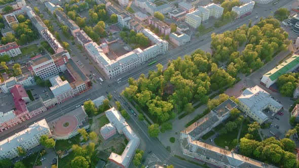 Aerial View of City Residential District at Sunset