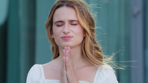 Superstitious Whiteskinned Millennial Woman Believer Suffer From Life Problems Pray to God Makes