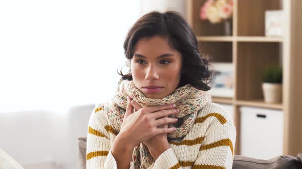 Unhappy Sick Woman in Scarf Coughing at Home 2