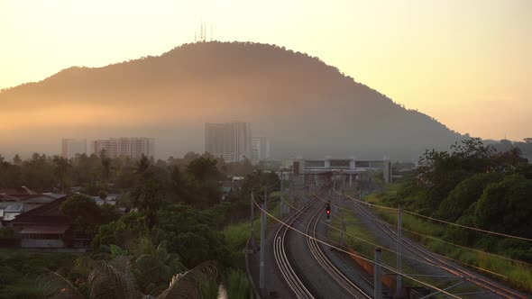 Railway station in morning sunrise