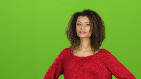 Afro American Girl Posing on Camera, Green Screen. Close Up