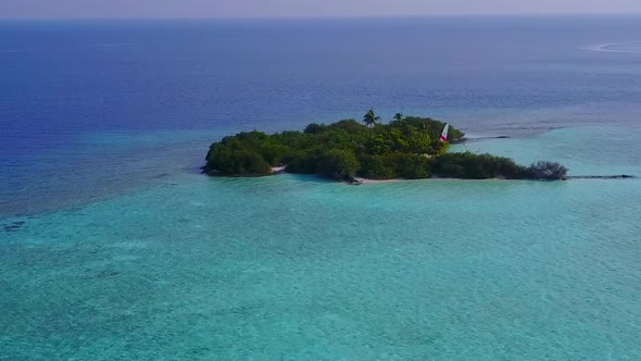 Aerial drone landscape of exotic lagoon beach voyage by ocean with sand background