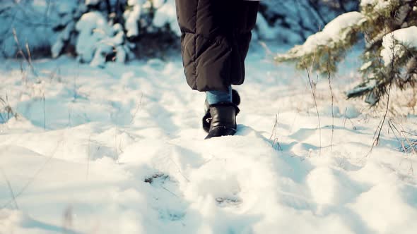 Woman Legs Walking In Snow. Female In Snowy Weather At Cold Temperature Walking Alone.