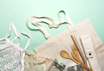 nd bamboo tableware. Flat lay, top view.