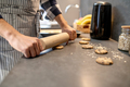 Male hands leveling surface of raw cookie with rolling pin - PhotoDune Item for Sale