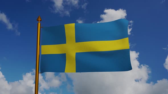 National flag of Sweden waving with flagpole and blue sky timelapse