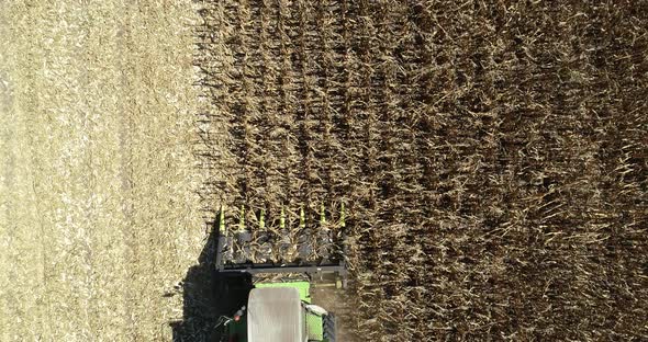 Top down view combine Harvester. Close up agment. Modern Combine Harvesting corn