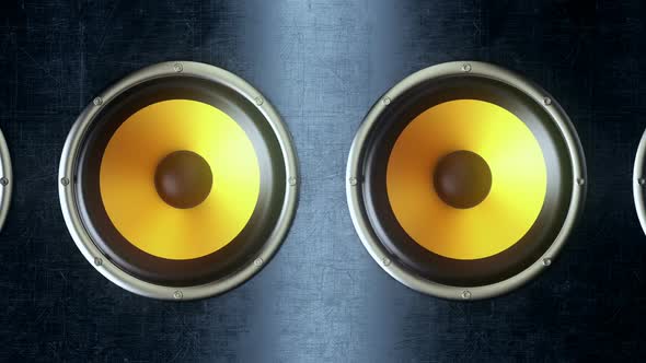 Audio Speakers with Yellow Membranes Playing Modern Music at 90Bpm Seamless Loop