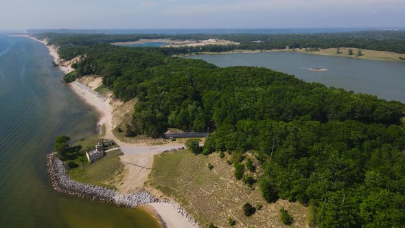 The newly formed Dune Harbor Park near Muskegon, MI from the air above Lake Michigan.