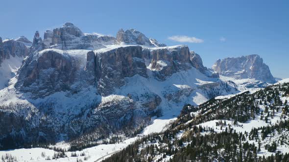 Aerial, Breathtaking View On Snowy Dolomites Mountains, Huge Peaks And Beautiful Winter Landscape