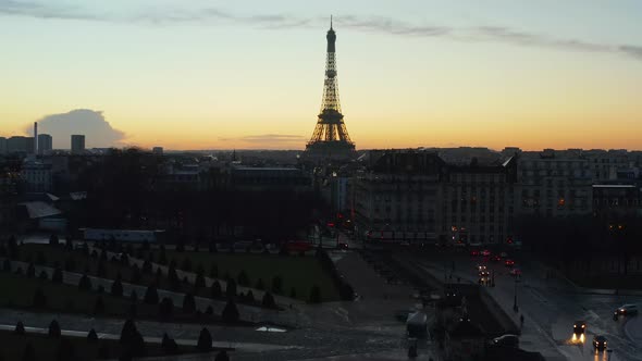 AERIAL: Rising Up Over Beautiful Paris, France Revealing Eiffel Tower,Tour Eiffel in Epic Sunset