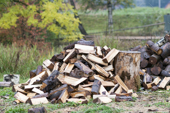 Environmental concept. Pile of chopped fire wood prepared for winter, ready for burning