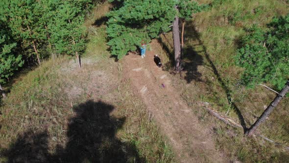 Young Woman and Her Cute Well Trained Dog Playing Together in the Edge of the Forest  Aerial View