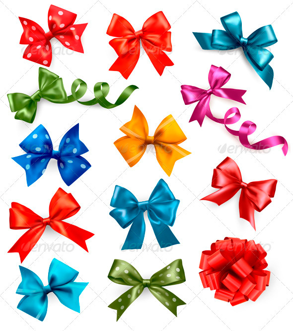 Big set of colorful gift bows with ribbons